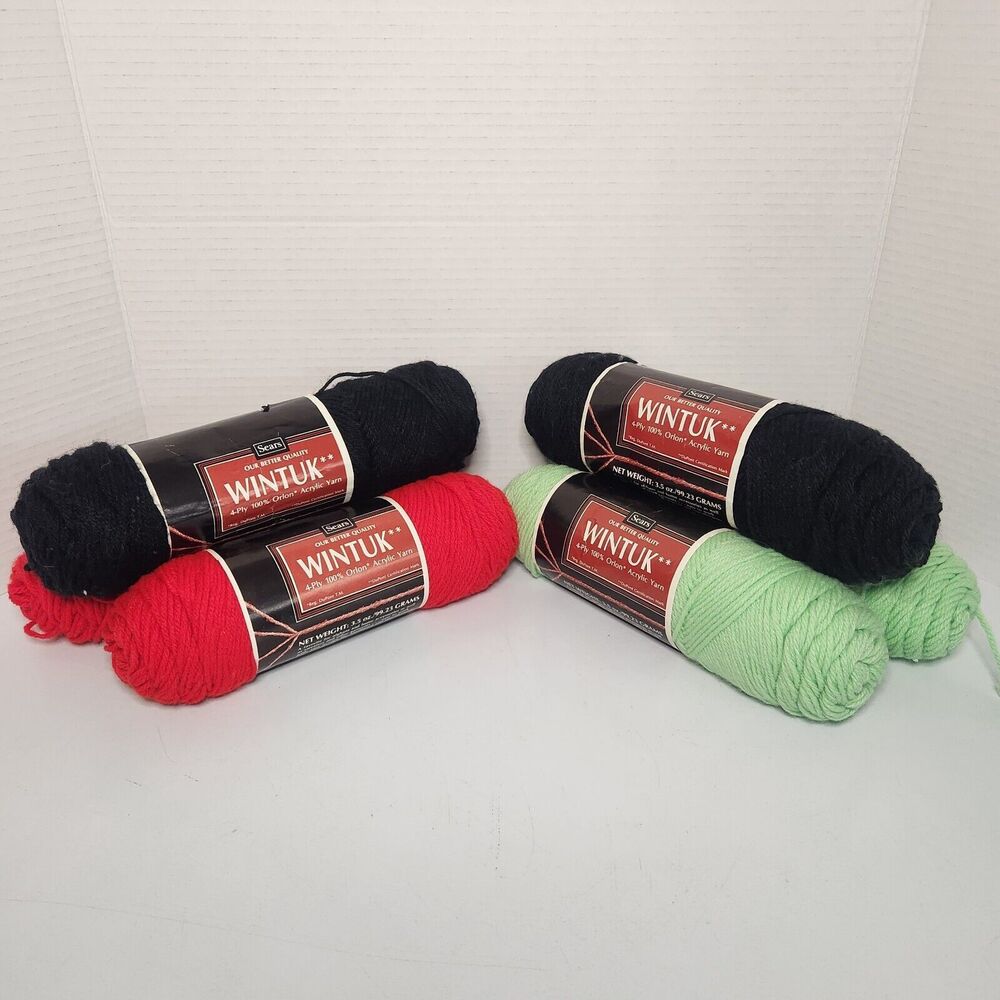 Lot Of 6 Sears Wintuck 4-Ply 100% Orlan Acrylic Yarn New Black Red Baby Green